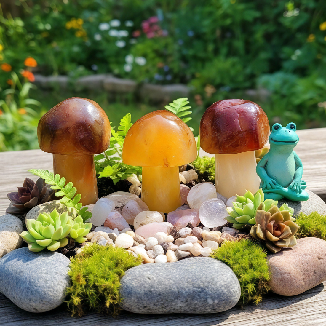Three carnelian mushrooms in honey, amber and deep red tones set among succulents and pebbles in a garden