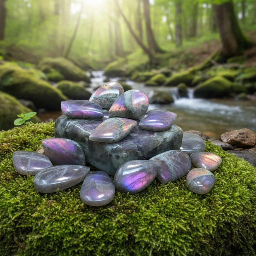 A group of polished purple flash labradorite cabochons in different shapes on a mossy rock beside a forest stream