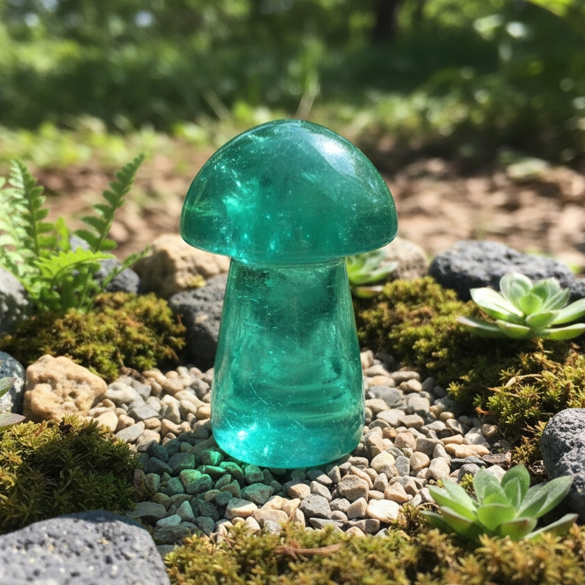 A translucent green fluorite mushroom standing among pebbles, moss, ferns and succulents in a garden bed