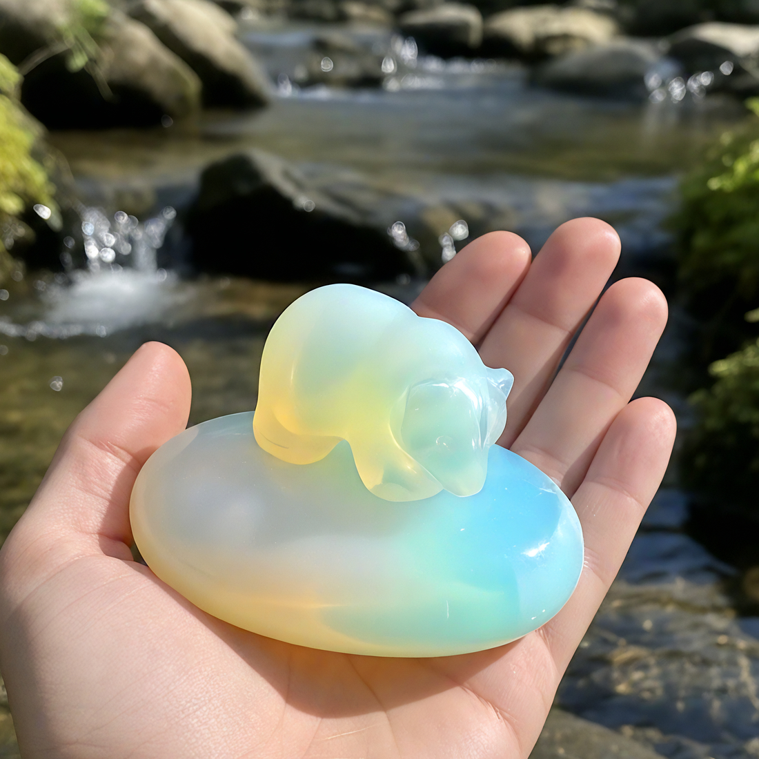 The opalite bear resting on the opalite palmstone in an open hand beside a stream