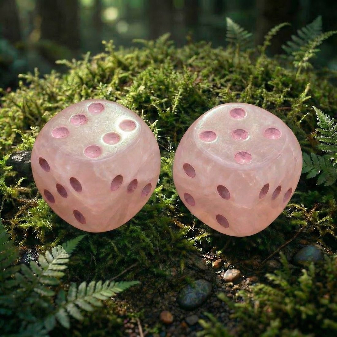 Two soft pink rose quartz dice with deeper rose pips resting on green moss