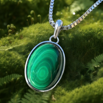 Close-up of the oval malachite pendant with swirling green bands in a polished silver bezel, hanging from a silver box chain over moss