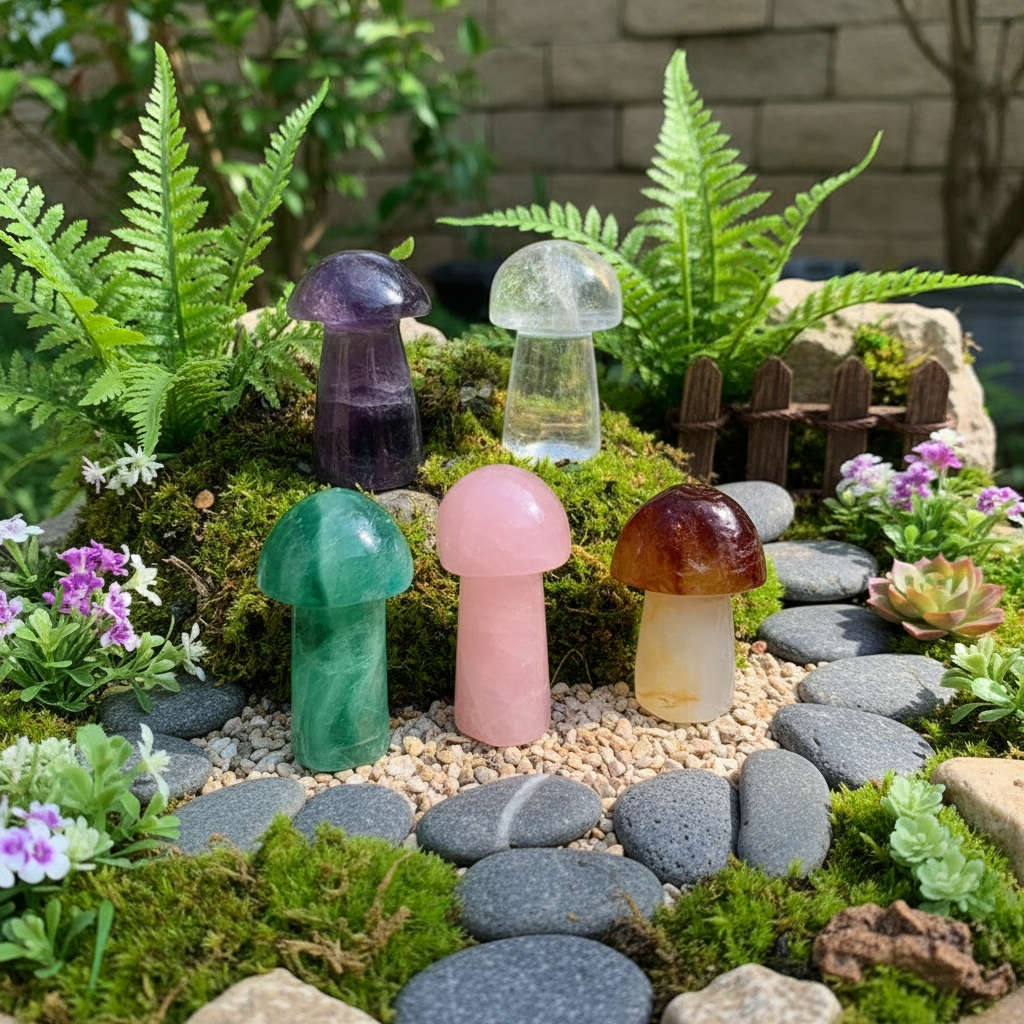 The five gemstone mushrooms set among moss, ferns, flowers and stepping stones in a garden bed