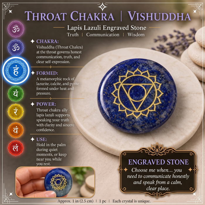 Deep blue lapis lazuli pancake stone flecked with gold pyrite, engraved with the gold throat chakra symbol