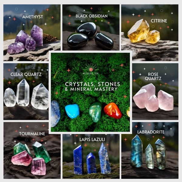 Module 6 collage of crystals: amethyst, black obsidian, citrine, clear quartz, rose quartz, tourmaline, lapis lazuli and labradorite