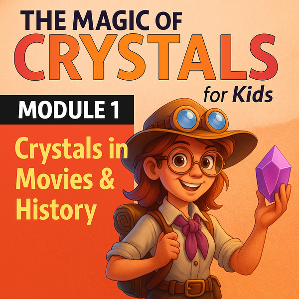 Module 1 cover: Professor Petra Stone, an explorer girl holding a purple crystal, titled Crystals in Movies and History