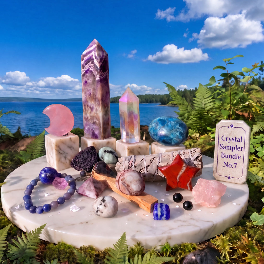 The Crystal Sampler Bundle No.7 pieces arranged on a marble tray by a lake: dream amethyst generator, angel aura point, rose quartz moon, apatite palmstone, sage, palo santo, red jasper star, mala bracelet and smaller stones