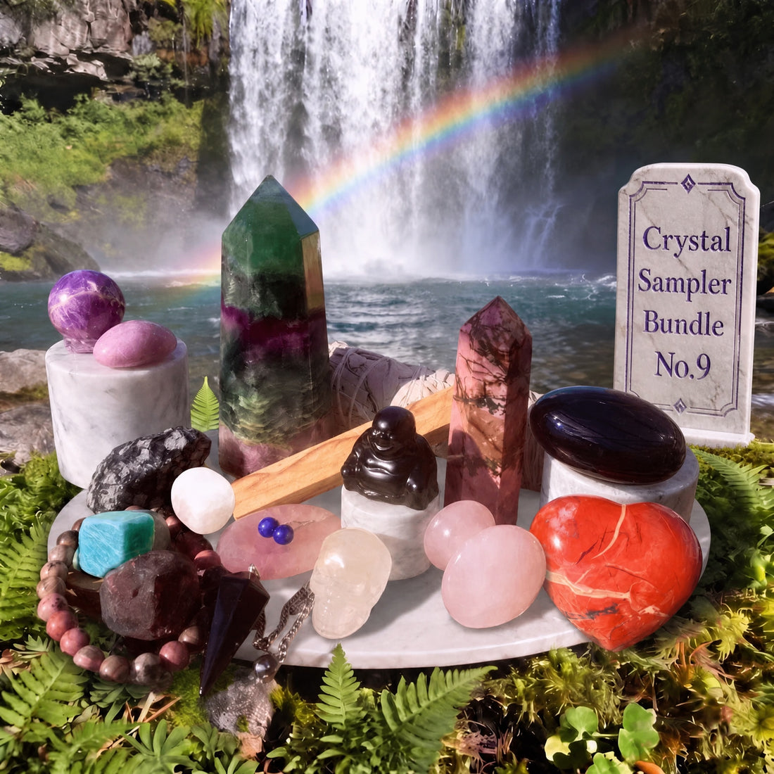 The Crystal Sampler Bundle No.9 pieces arranged on a marble tray by a waterfall: multicolor fluorite generator, rhodonite point, red jasper heart, black agate buddha, quartz skull, amethyst sphere, sage, palo santo, mala bracelet and smaller stones