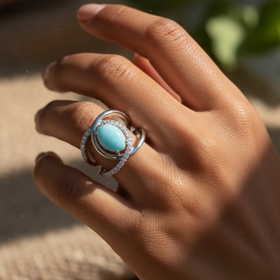 The Larimar Radiance Ring worn on a hand in warm sunlight, the blue stone and zirconia halo framed by open silver loops
