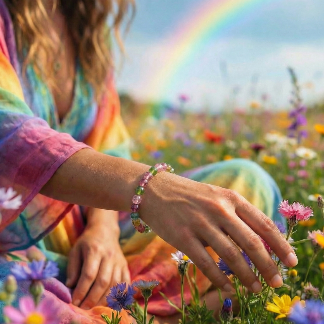 The watermelon tourmaline bracelet worn on a wrist, a hand resting among wildflowers