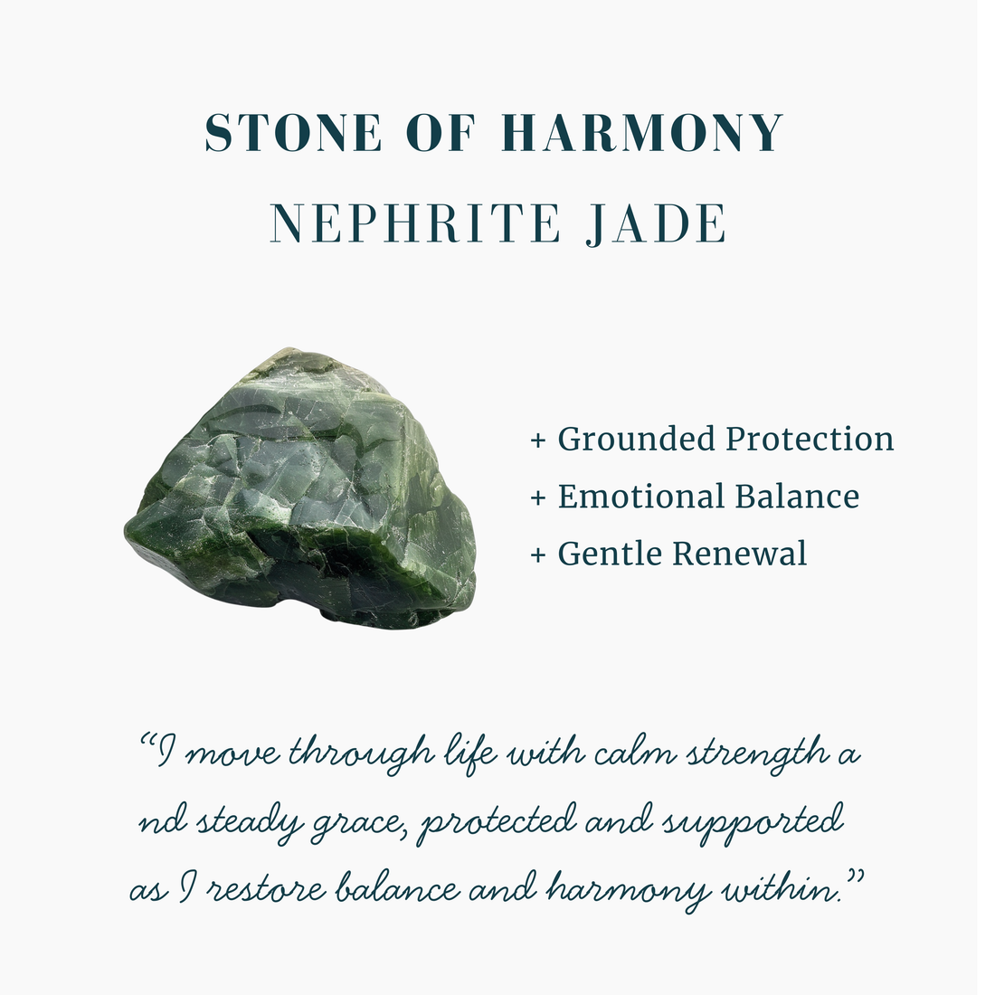 A raw nephrite jade stone beside the words Stone of Harmony: grounded protection, emotional balance and gentle renewal
