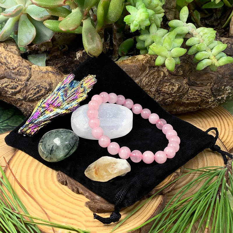 Rose Quartz Mala Bracelet Tranquility Pouch Set