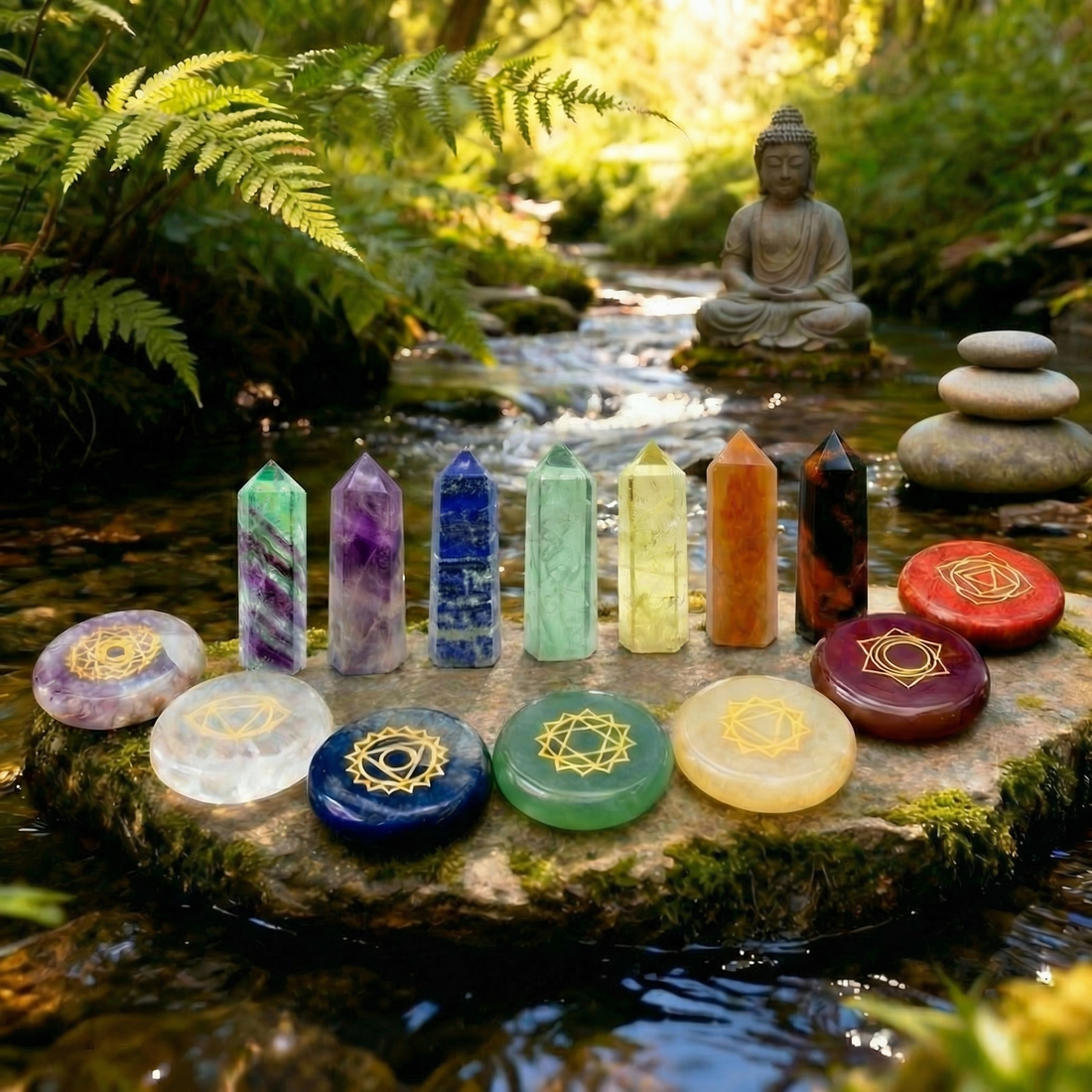 Seven mini crystal points standing in a row behind seven round chakra stones engraved in gold, on a mossy rock by a stream