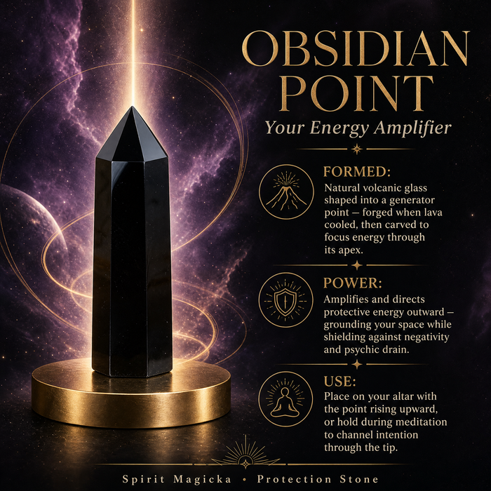 A polished black obsidian point standing on a gold base