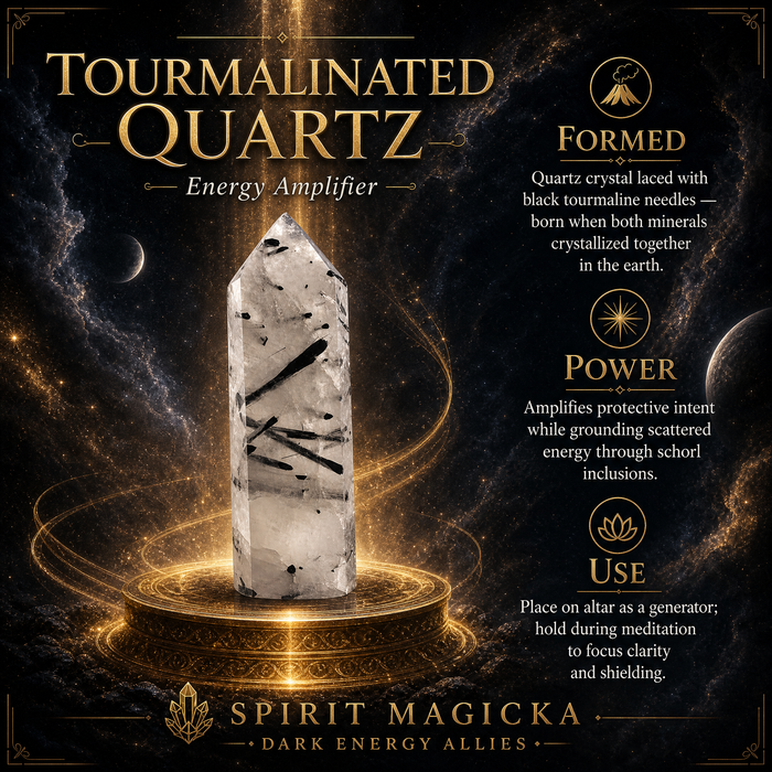 Milky white tourmalinated quartz generator point laced with black tourmaline needles