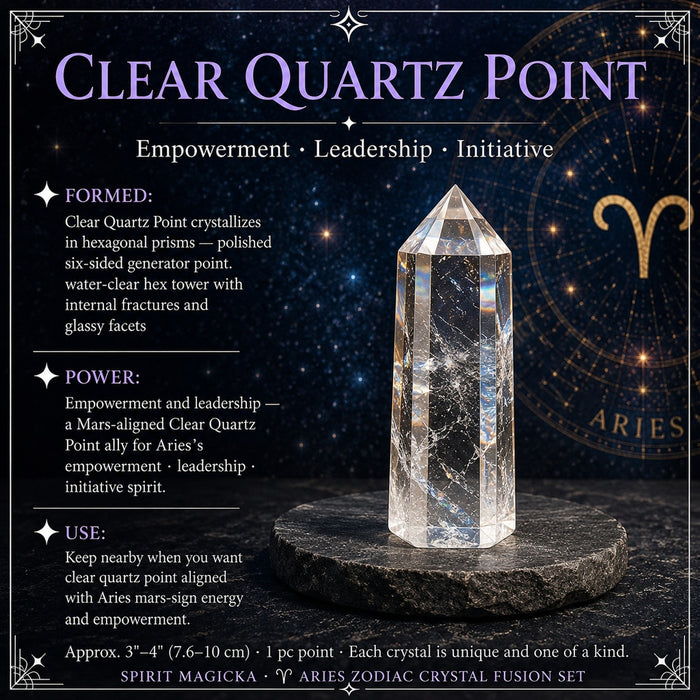 Six-sided clear quartz point with glassy facets and rainbow flashes