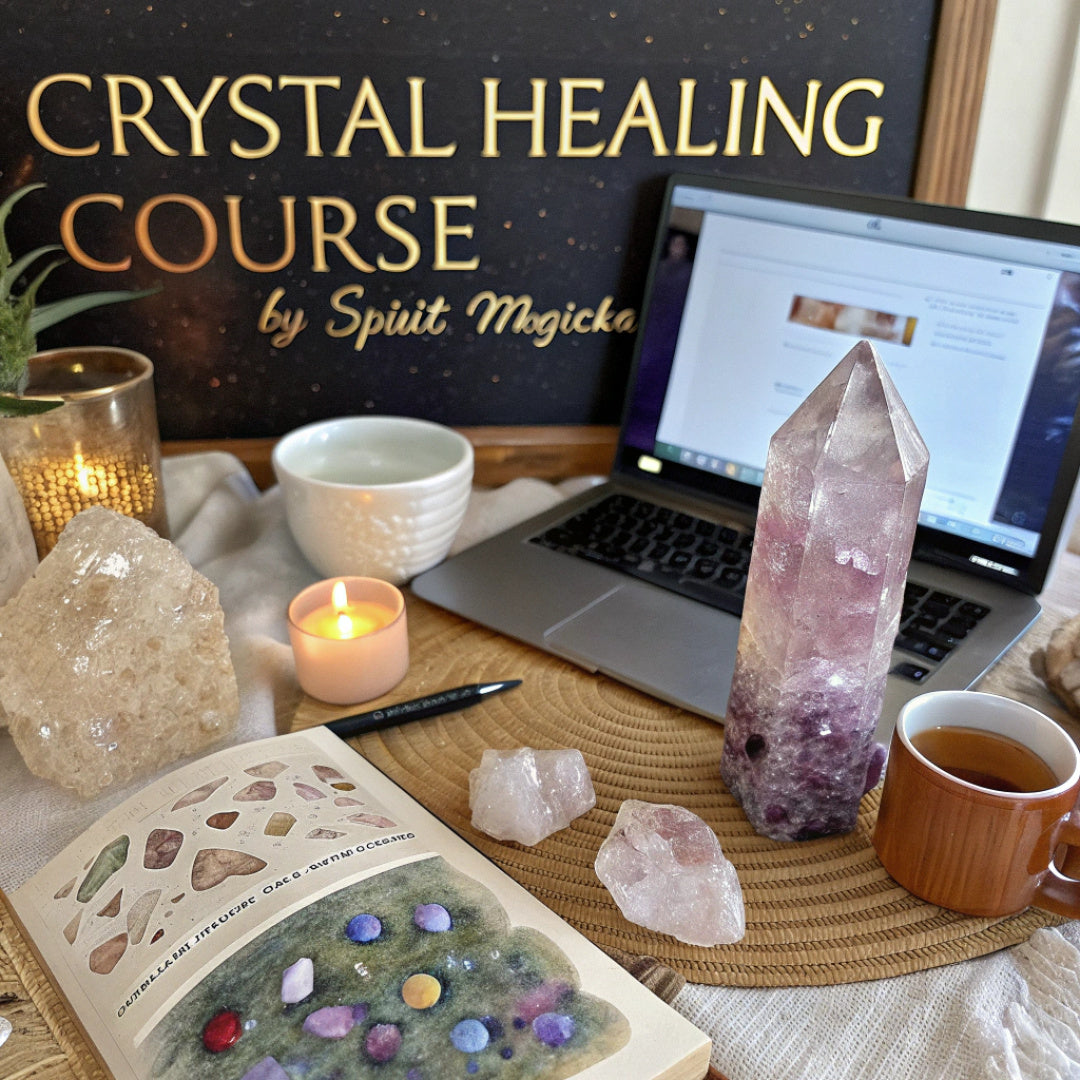 The Crystal Healing Course open on a laptop beside an amethyst point, candles, tea and a crystal reference book