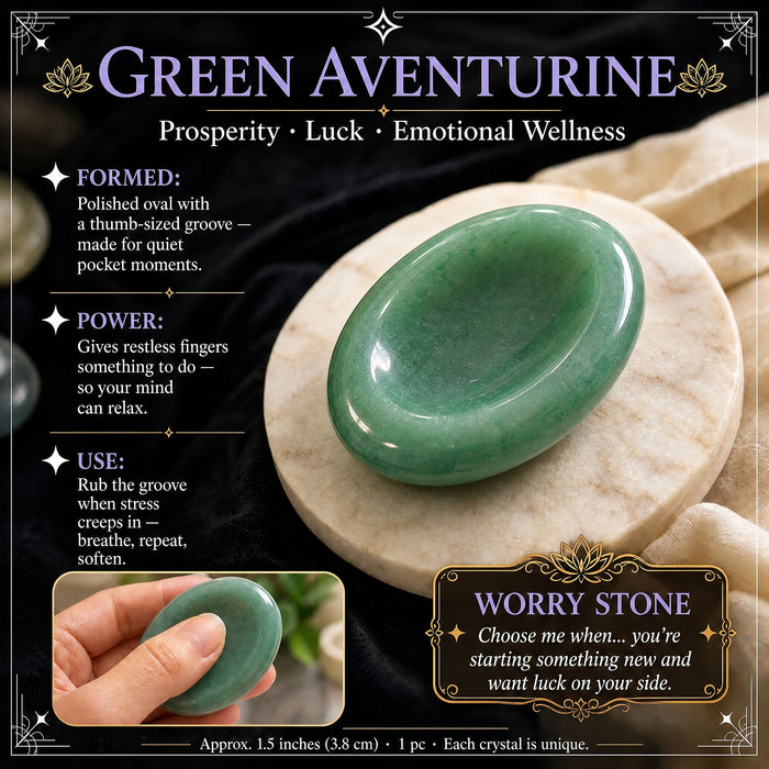 Green Aventurine worry stone: soft green with a faint shimmer, with a thumb groove