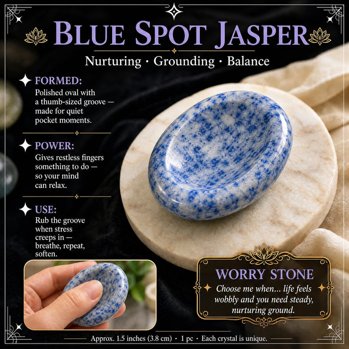 Blue Spot Jasper worry stone: creamy white speckled with blue, with a thumb groove