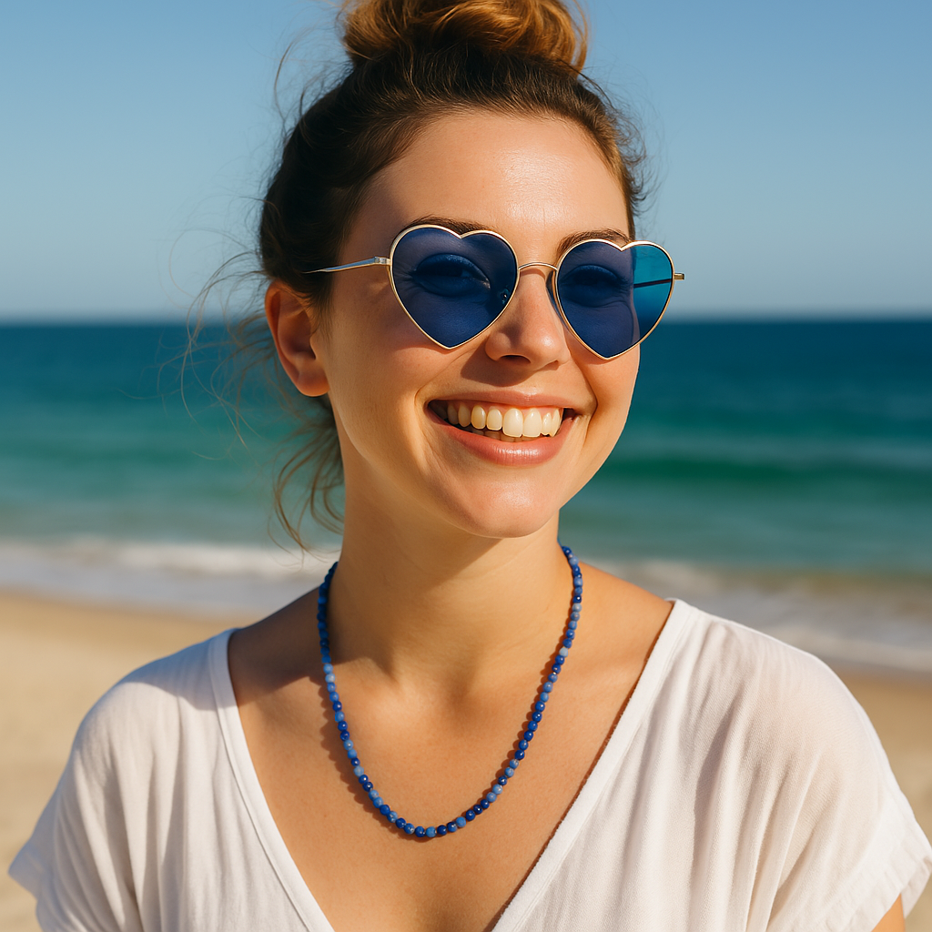 A smiling woman on a beach wearing the blue aventurine bead necklace at her collarbone