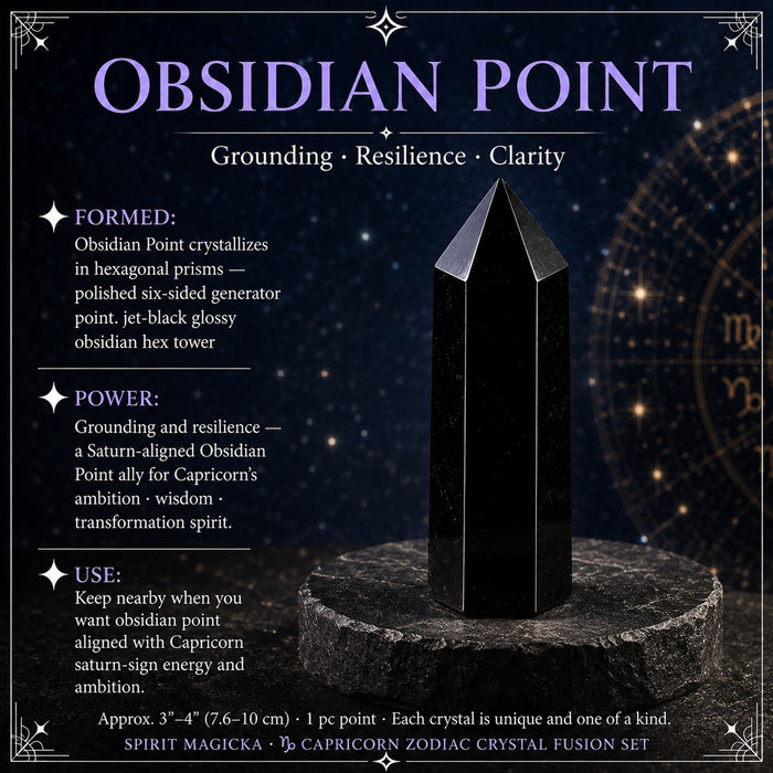 A polished six-sided black obsidian point standing on a dark stone slab