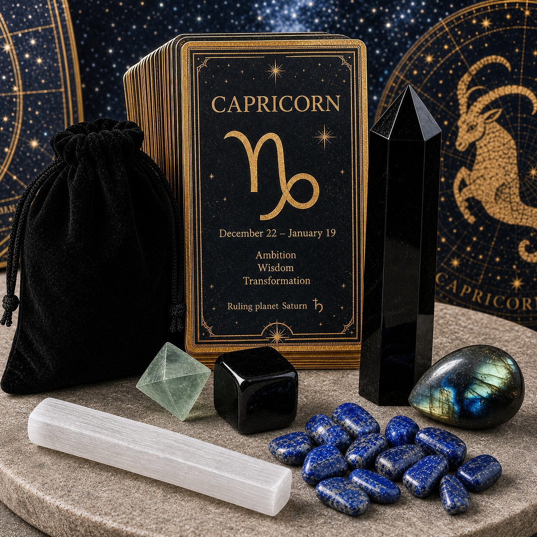 The Capricorn set together: black velvet pouch, obsidian point, obsidian cube, green fluorite octahedron, labradorite cabochon, selenite stick and twelve lapis lazuli stones