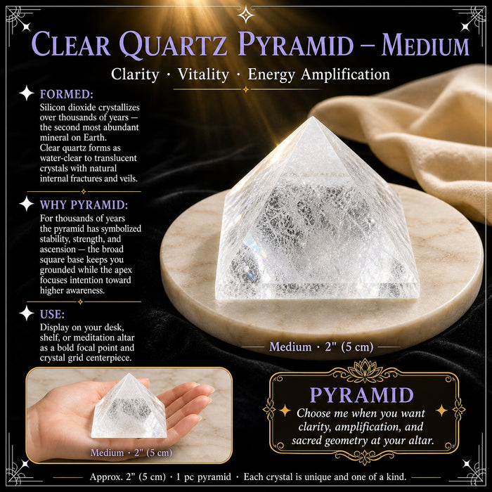 Medium clear quartz pyramid on a marble dish, with an inset of it resting in an open hand
