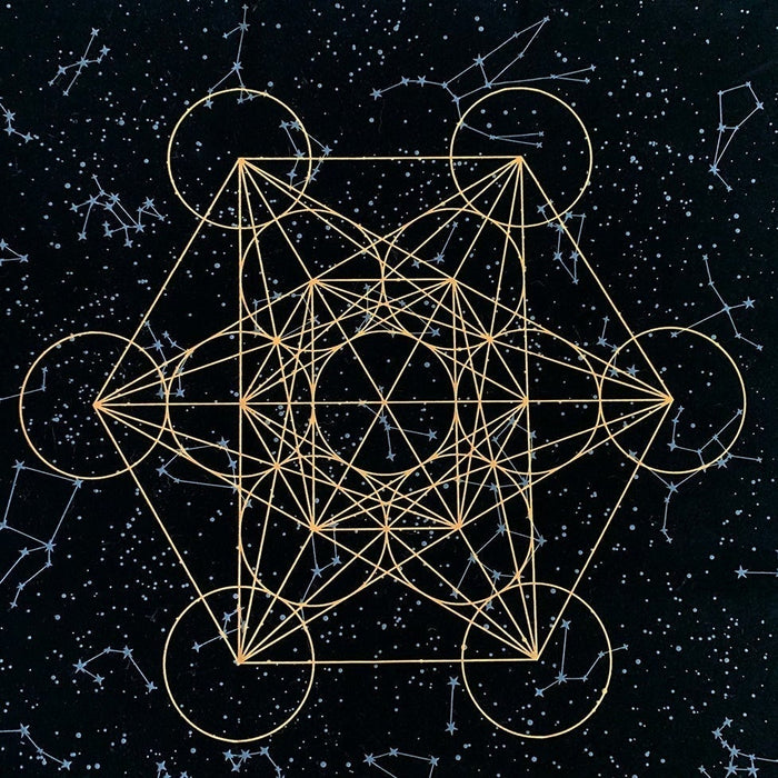 The black velvet gridding cloth printed in gold with a Metatron cube sacred geometry design and constellations