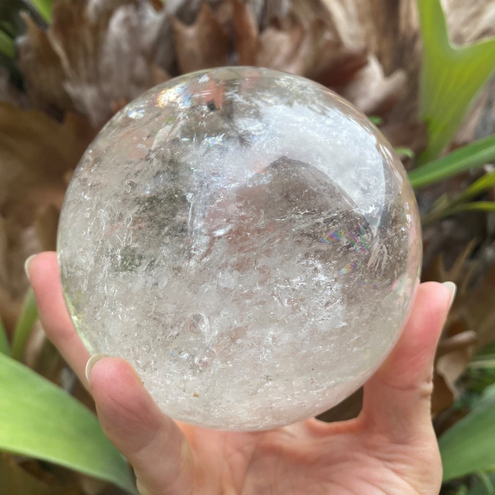Clear quartz sphere held in one hand in front of garden plants, filling the palm