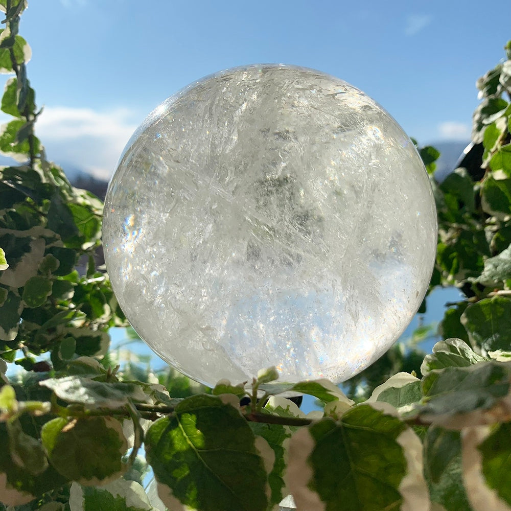 Clear quartz sphere resting on green leaves against a blue sky, sunlight showing the veils and rainbows inside