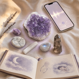 Spiritual Sleep digital crystal bundle: six sleep crystals (amethyst, lepidolite, howlite, selenite, moonstone, smoky quartz) plus the meditation phone player and the illustrated guidebook, on cream linen.
