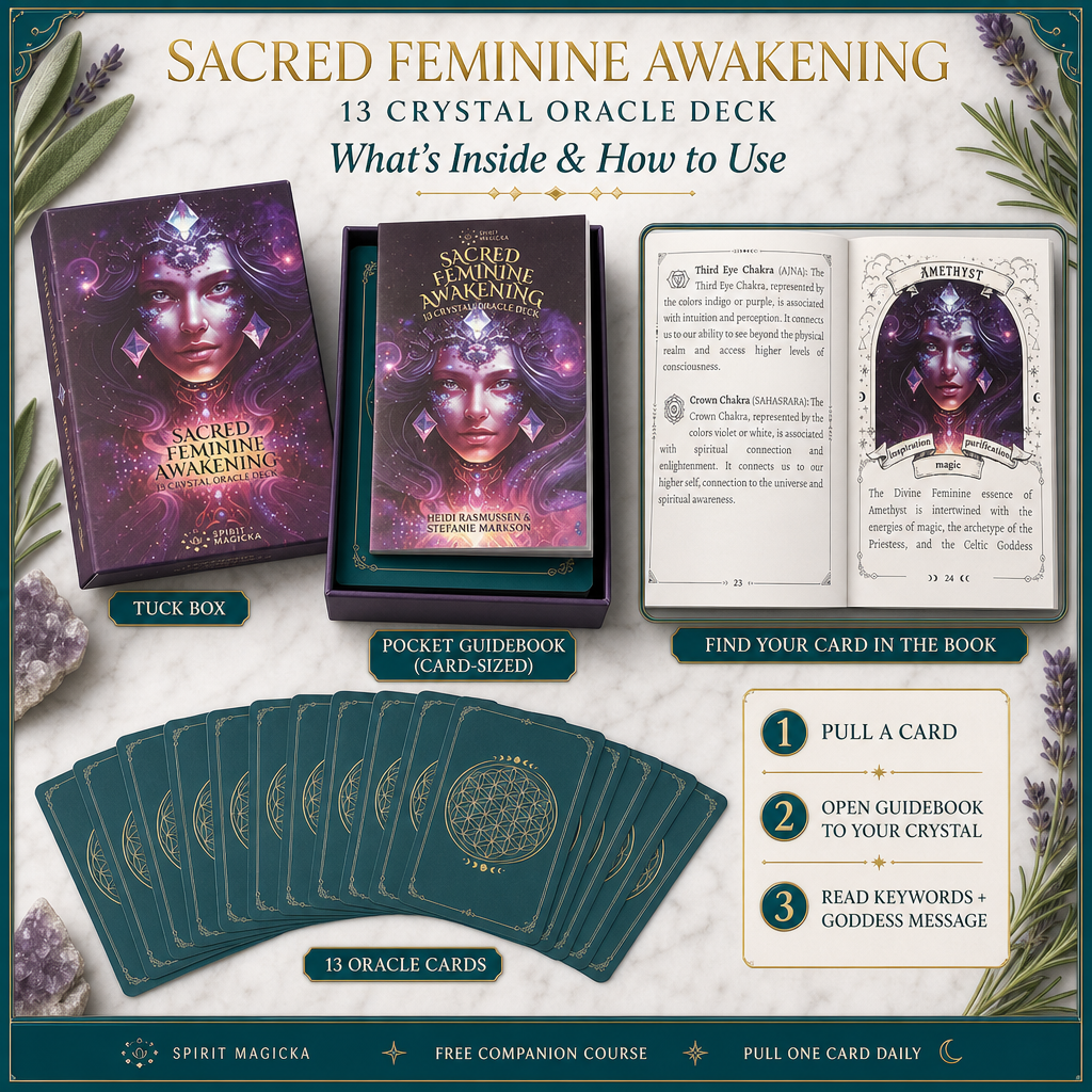 The oracle deck tuck box, card-sized pocket guidebook open to Amethyst, and the thirteen teal-backed cards fanned out, with three steps for a daily reading