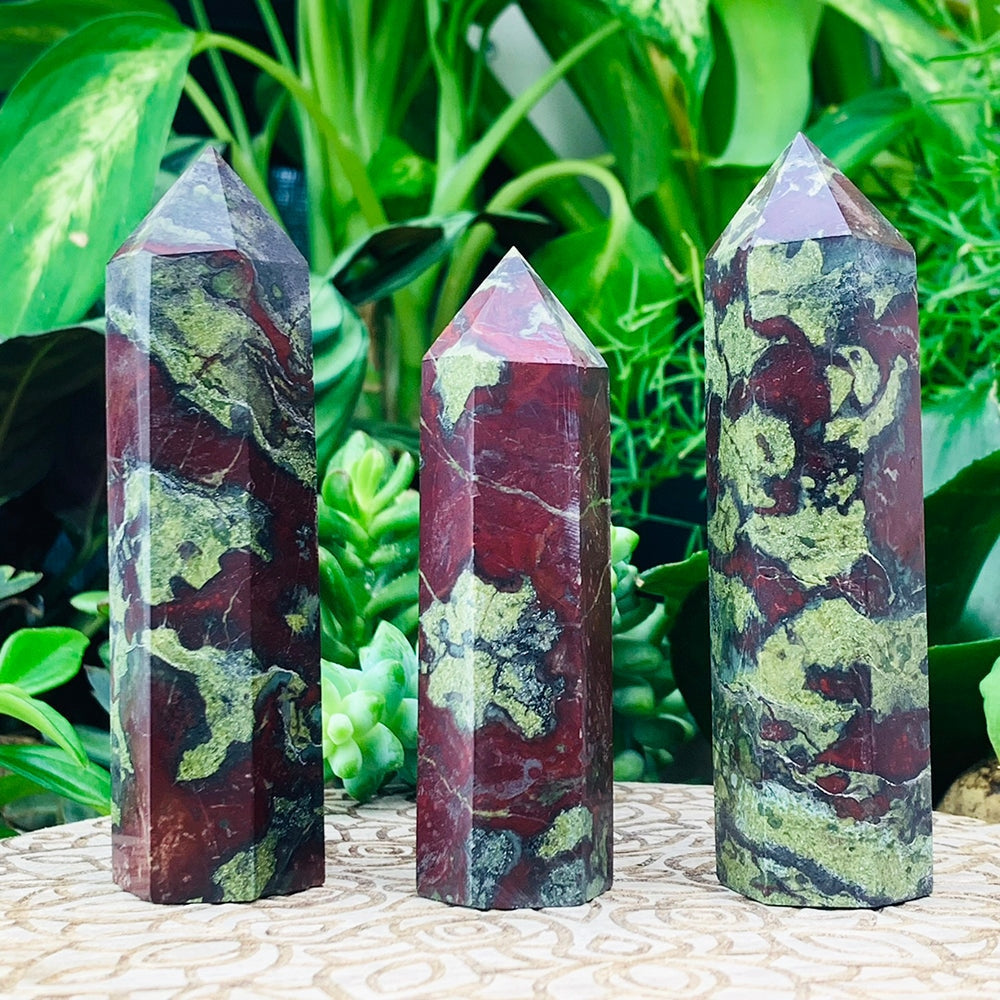Three polished dragon blood points standing among green plants, each marbled in deep red and moss green