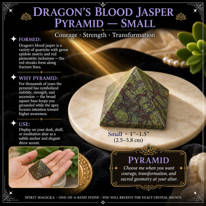 Small dragon's blood jasper pyramid on a marble dish, with an inset of it resting in an open hand
