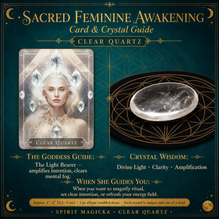 The Clear Quartz oracle card beside a clear quartz ellipse