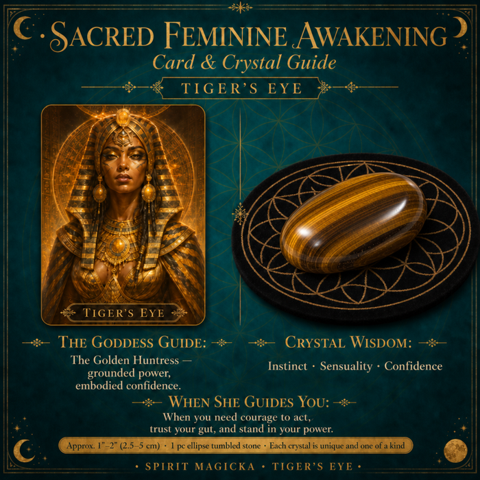 The Tiger Eye oracle card beside a golden-brown banded tiger eye ellipse