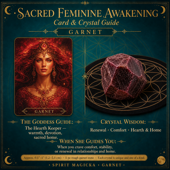 The Garnet oracle card beside a deep red raw garnet