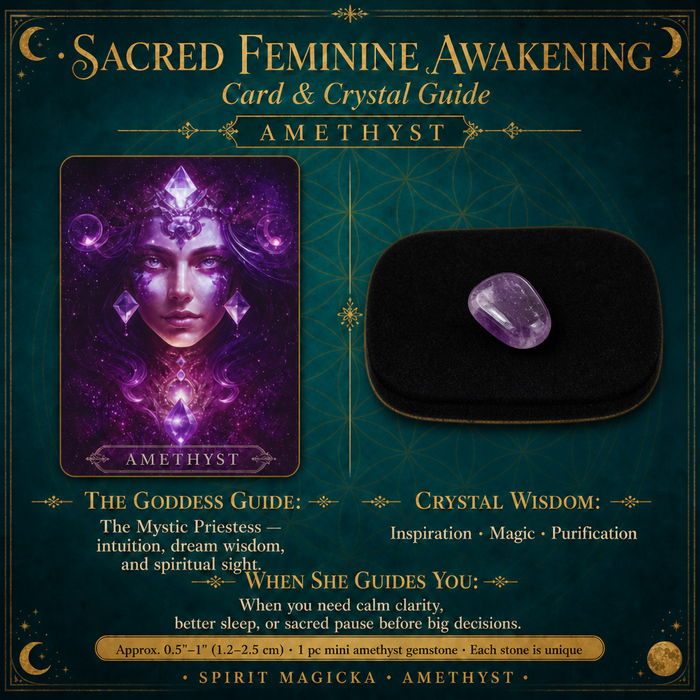 Amethyst goddess card beside a mini amethyst gemstone
