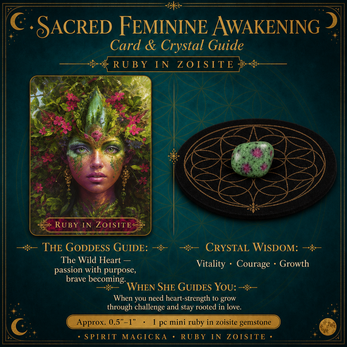 Ruby in Zoisite goddess card beside a mini ruby in zoisite gemstone