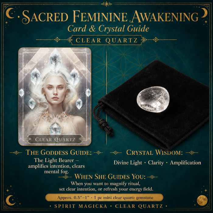 Clear Quartz goddess card beside a mini clear quartz gemstone