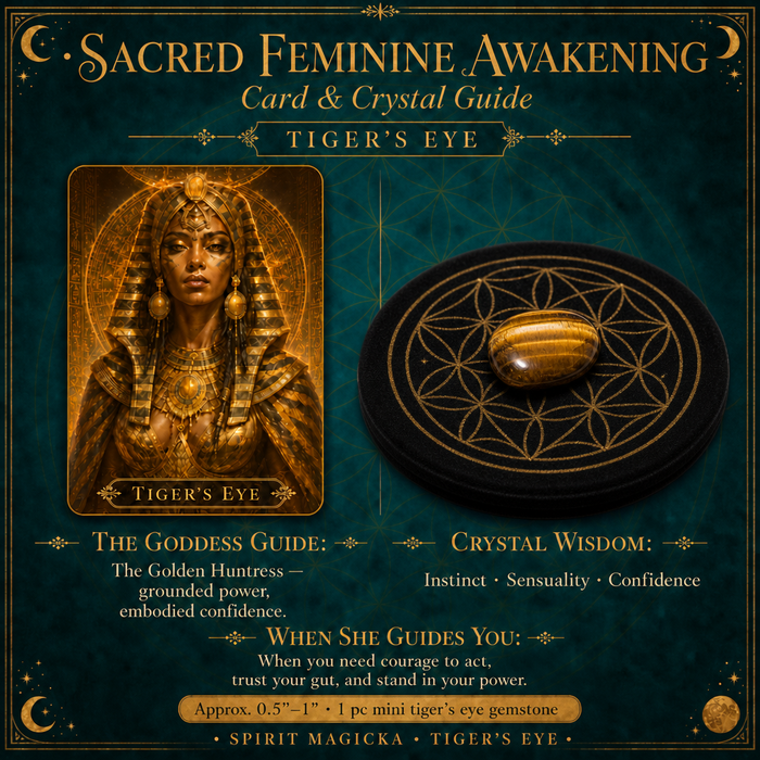 Tiger's Eye goddess card beside a mini tiger's eye gemstone