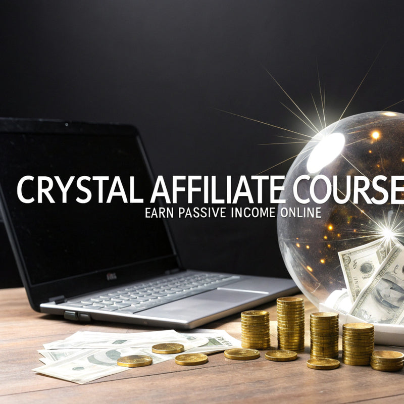 Crystal Affiliate Course cover: a laptop beside a crystal ball and stacks of coins