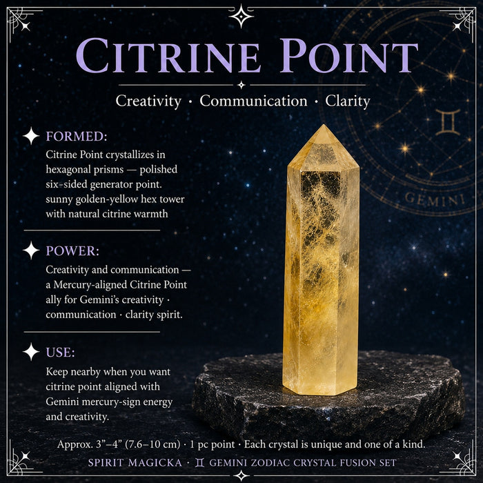 Six-sided golden-yellow citrine point standing on a dark stone