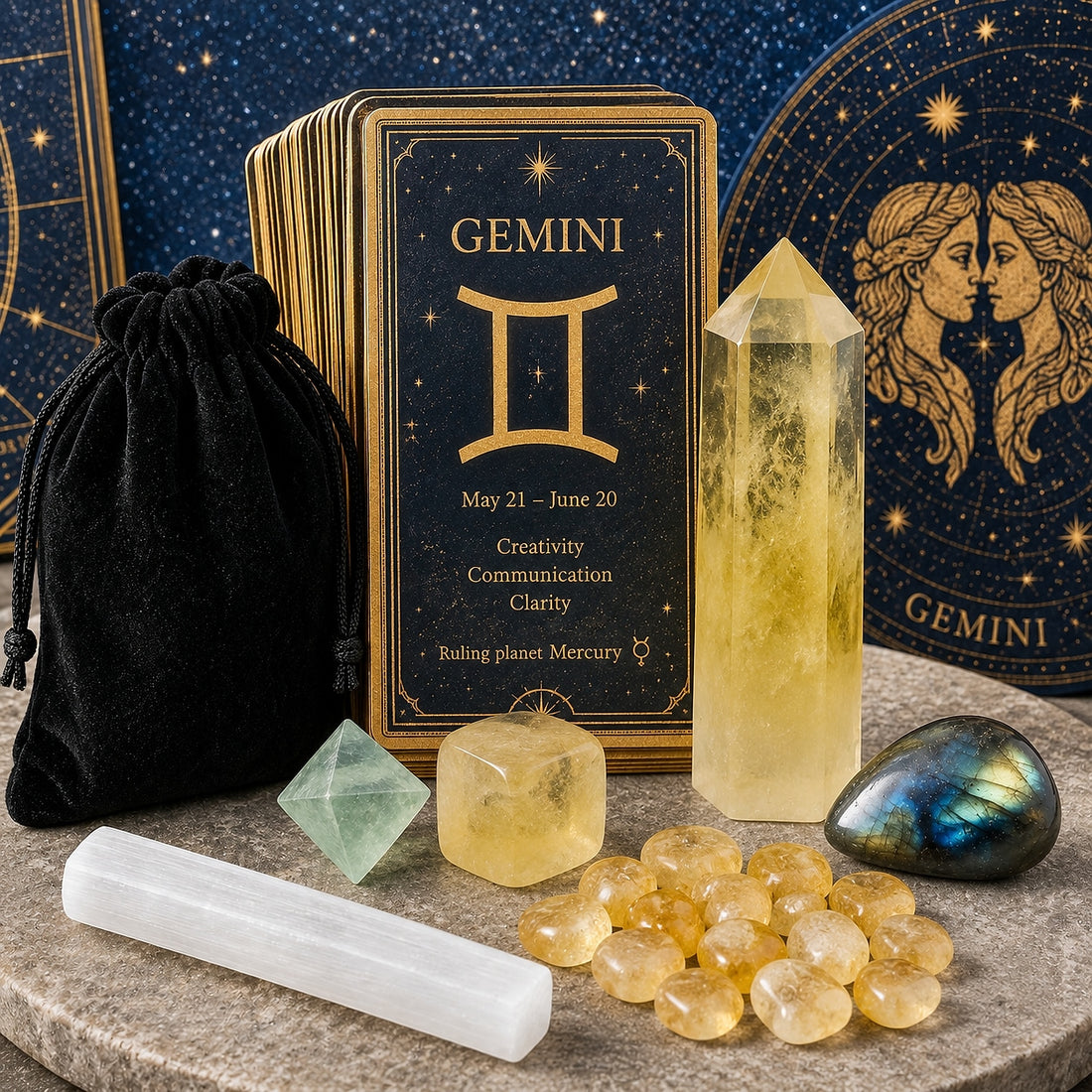 The Gemini crystal set on a stone dais: citrine point, citrine cube, citrine minis, labradorite cabochon, green fluorite octahedron, selenite stick and a black velvet pouch
