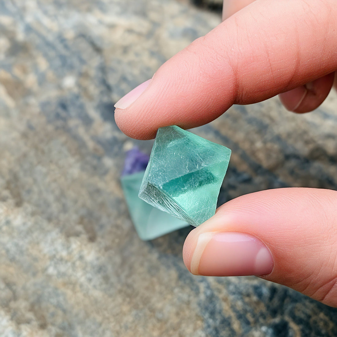 A green fluorite octahedron held between a thumb and finger