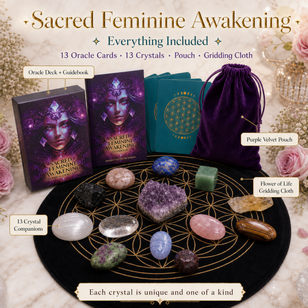 The Sacred Feminine Awakening oracle deck and guidebook, a purple velvet pouch and thirteen crystals laid out on a black Flower of Life gridding cloth