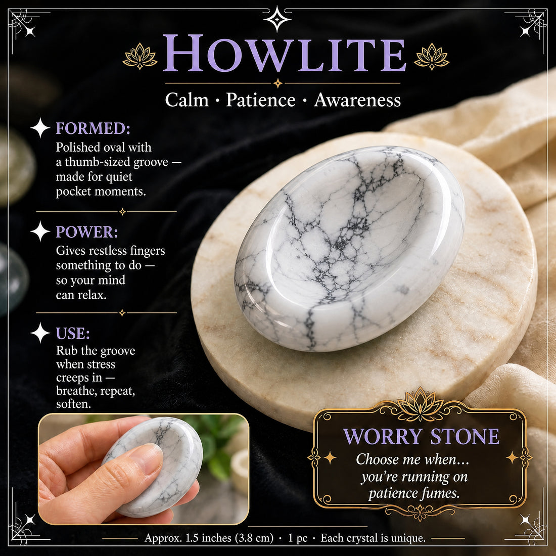 Polished white howlite worry stone with gray veins on a marble coaster, with an inset of a thumb resting in its oval groove