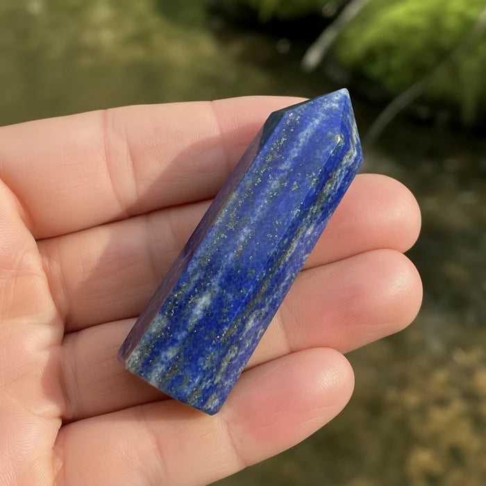 A small polished lapis lazuli point resting on the fingers of an open hand