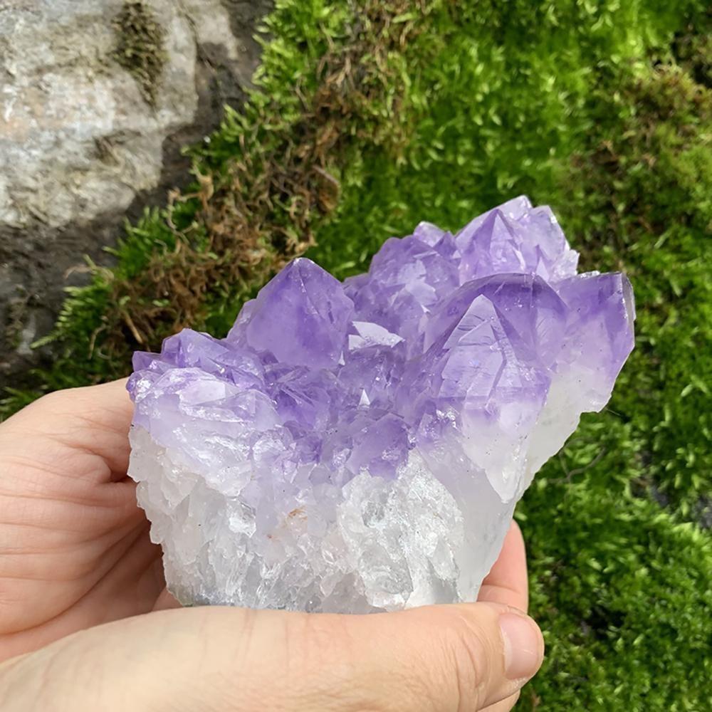 Side view of an amethyst cluster showing its white quartz base rising into violet crystal tips