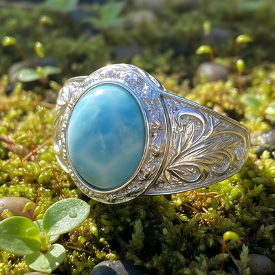 Larimar Wisdom Ring resting on green moss: an oval sky-blue larimar cabochon framed in silver, with leaf-and-wave engraving along the band